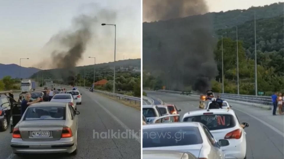 Αυτοκίνητο τυλίχτηκε στις φλόγες στην Εγνατία (βίντεο)